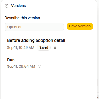 The Versions timeline with a box for describing a new version above a saved version and a run